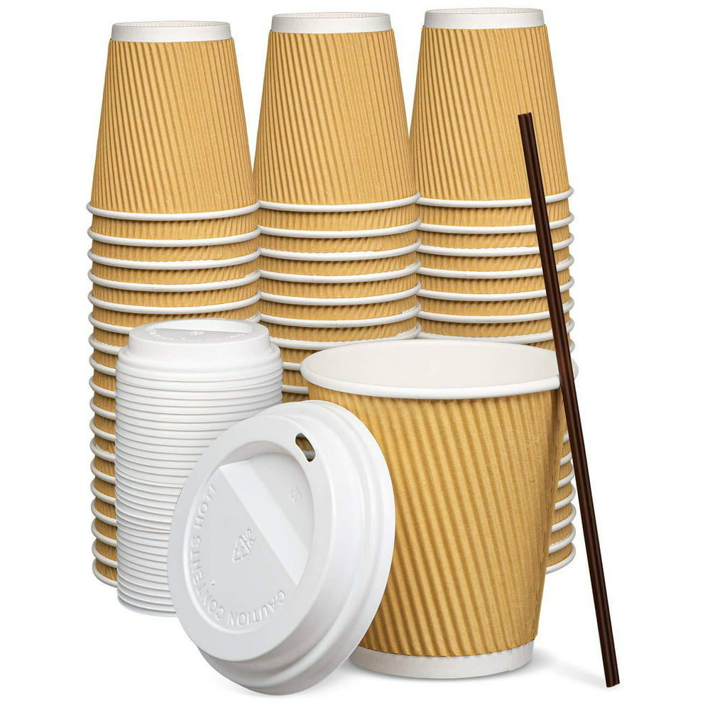 [50 Sets] 10 Oz Insulated Ripple Paper Hot Coffee Cups With Lids 10 Oz [50 Sets]