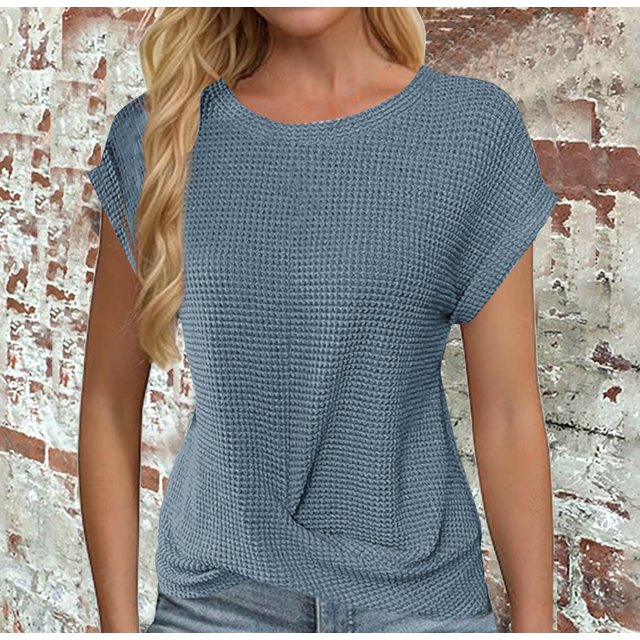 Bonanza de Rabais, Chandail à Col Rond Uni à Manches Courtes Coupe Régulière pour Femme, Parfait pour une Coupe Décontractée en Tissu Léger/100 % Polyester, Bleu, Sopatenor