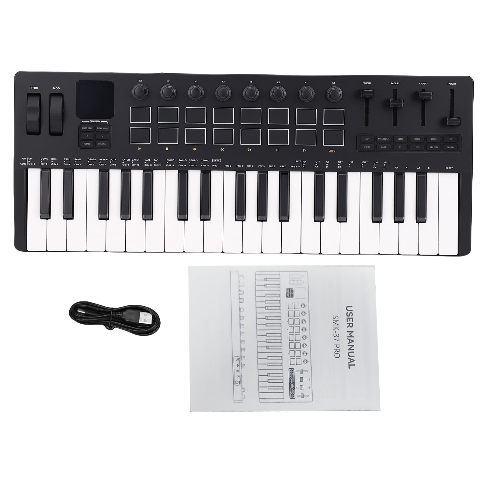 Backlit drum pad Keyboard M- 37 Key MIDI Keyboard Controller with 16 RGB Pads 8 Knobs 4 Faders Synthesizer Engine BT Wireless for Music Production PC