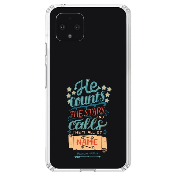 DistinctInk Clear Shockproof Hybrid Case for Google Pixel 4 (5.7" Screen) - TPU Bumper, Acrylic Back, Tempered Glass Screen Protector - Psalm 147:4 - He Counts the Stars Calls Them By Name