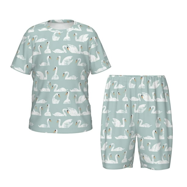 Fotbe White Swan Pijama Estampada de 2 Piezas para Niños – Ropa de Dormir de Manga Corta Cómoda para Niños y Niñas, Camiseta y Shorts de Algodón-Large