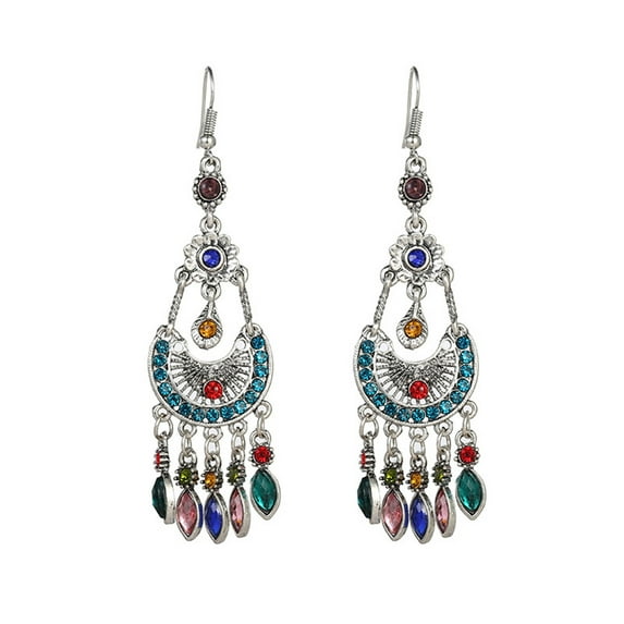 Ayyufe Bohemian Women Rhinestone Crescent Moon Long Fringe Hook Earrings