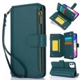 thumbnail image 3 of Compatible With iPhone 11 Wallet Case with Card Holder Kickstand Double Magnetic Clasp Zipper Pocket Lanyard Strap Wristlet, Leather Flip Case Women Men Wallet Cover,Green, 3 of 18