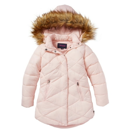 Girls Quilted Fleece Lined Winter Puffer Jacket Coat Faux Fur Trim Zip-Off Hood- Blush