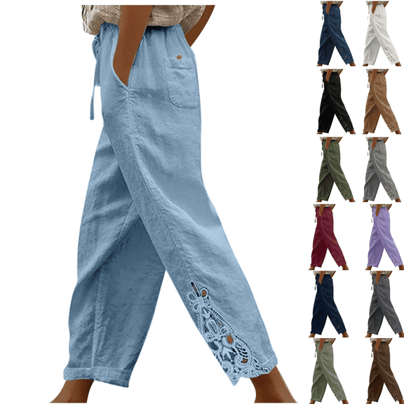 yoeyez Womens Cotton Linen Capris Pants Straight Leg Embroidery Cropped Pant Summer Fashion Baggy Elastic Waist Pants with Pockets Khaki,L
