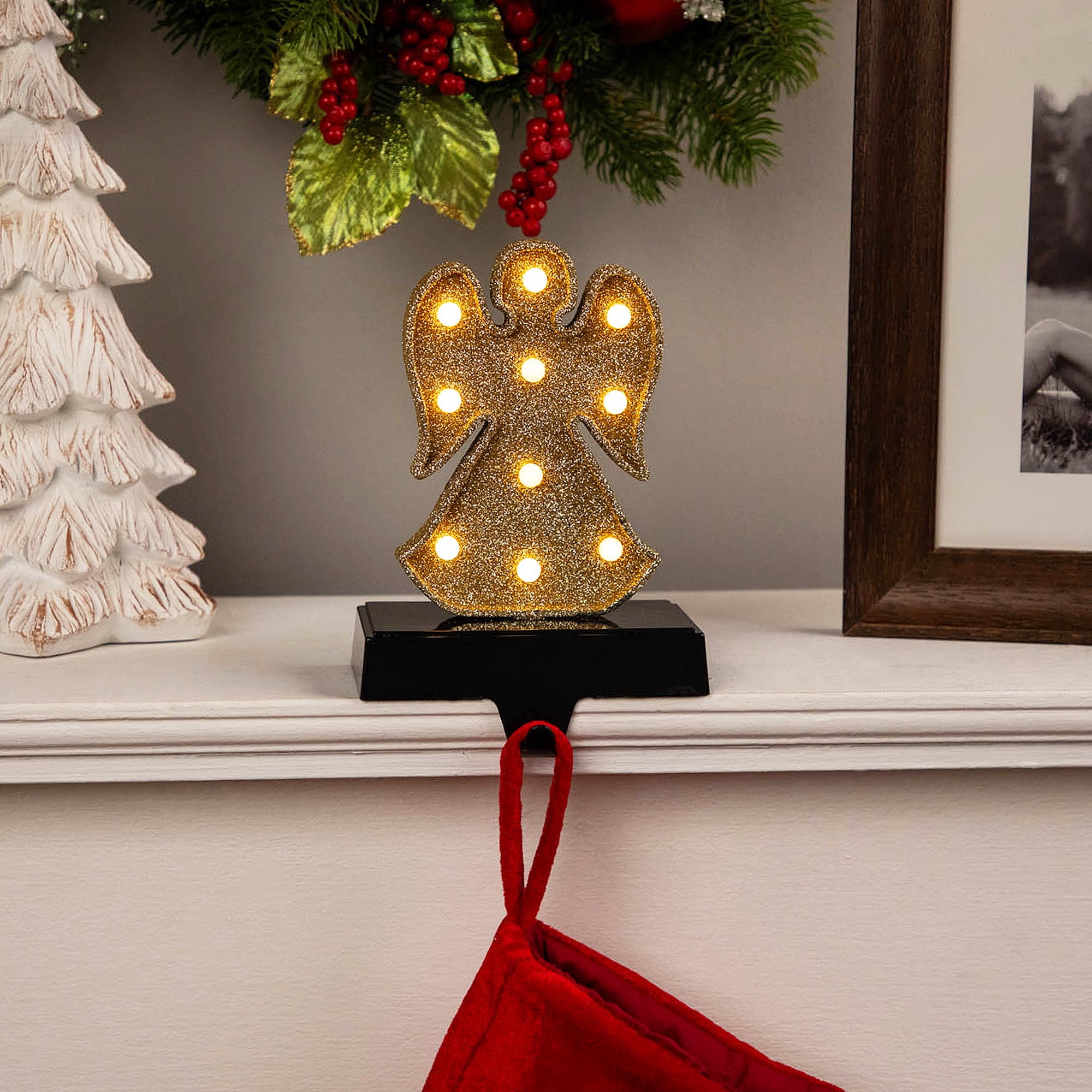 Northlight LED Lighted Glittered Angel Christmas Stocking Holder - 6.5" - Gold