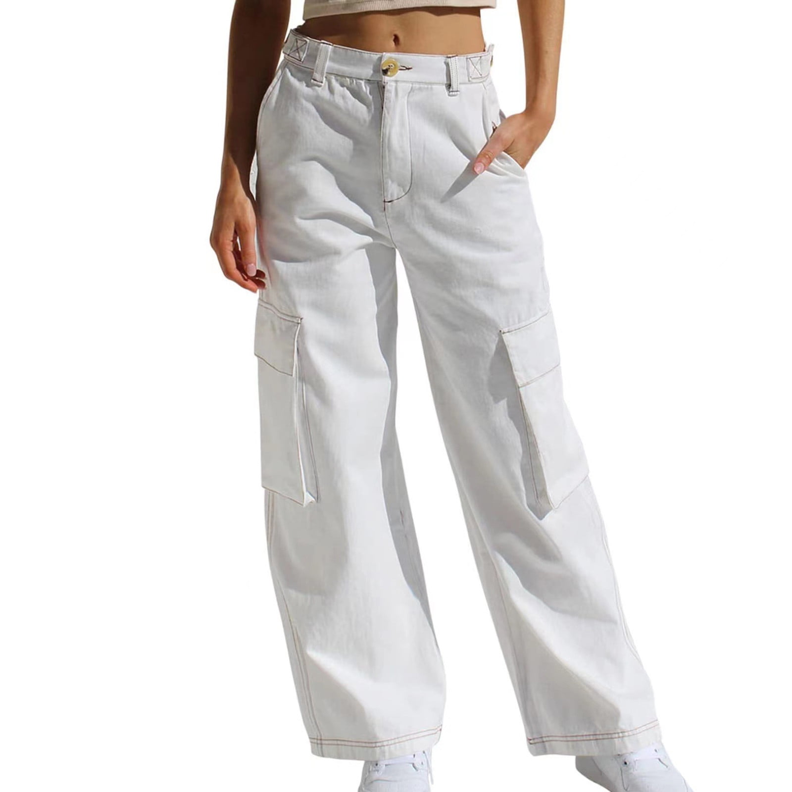 zanvin Women High Waisted Cargo Pants Straight Leg Casual Cargo Pockets Trousers White XL Walmart