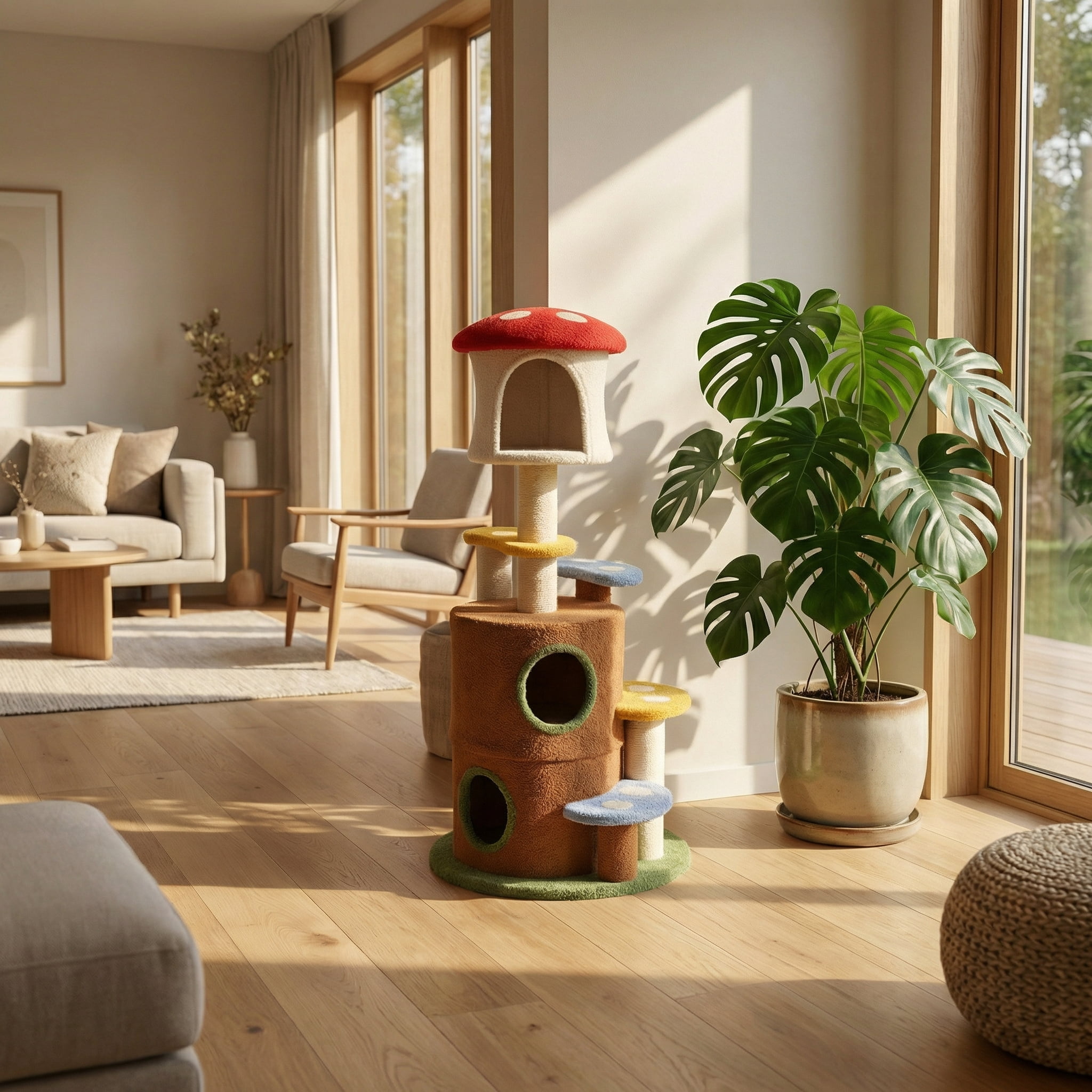 Mushroom Cat Tree, Cozy Condo Hideouts, Soft Plush, Sisal Scratching Posts, Forest Decor