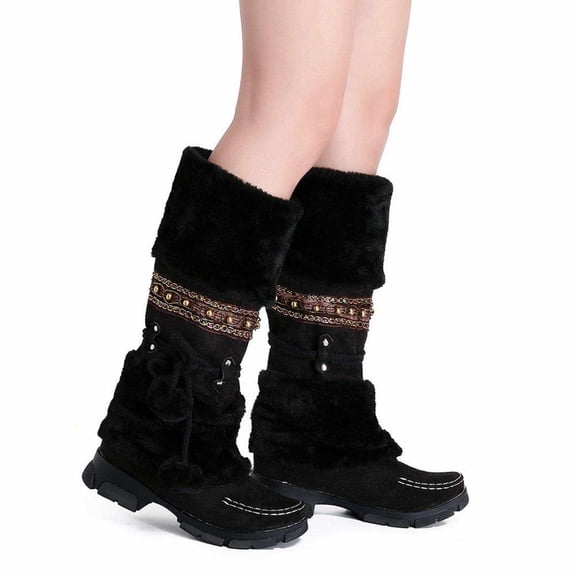 SACFOF Women's Mid-Calf Slip On Winter Snow Boots, Classic Round Toe Suede Faux Fur Cozy Warm Comfortable Winter Boots