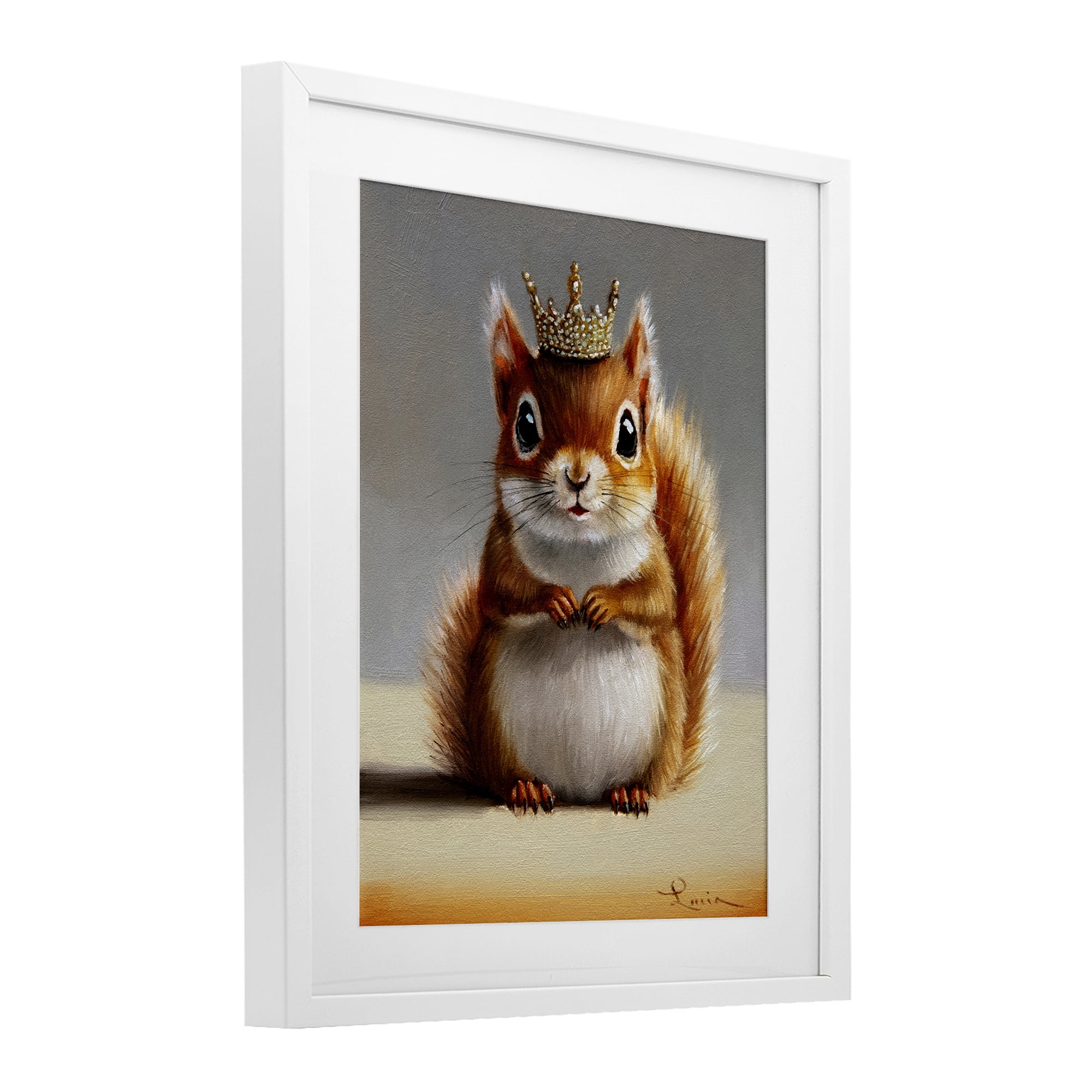 Fancy Crowned Squirrel White Framed Print Under Glass, design by Lucia Heffernan