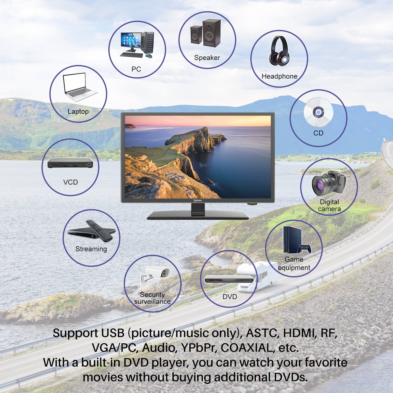 Comprar SYLVOX 22 Inch RV TV, 1080P Television 12/24 Volt DC Powered  Integrated HDTV(ATSC) Tuner, Built-in DVD Player Speaker FM Radio, with  HDMI/USB/AV/VGA Input, Suitable for Car Motorhome RV Camper Boat en