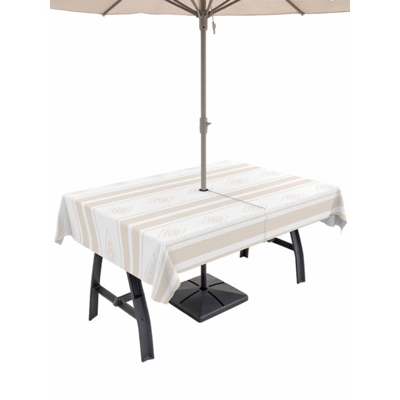 Outdoor Tablecloth with Umbrella Hole for Patio/Picnic/Party/Camping, Beige Striped Waterproof Table Cloth Rectangle Table Cover Washable, Modern Geometric Aesthetics (60"x 84")