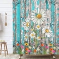 thumbnail image 2 of Daisy Flower Shower Curtain, Country Floral on Teal Wooden Plank Fabric Shower Curtain Set, Bathroom Curtain with Hooks Included 36x70, 2 of 2