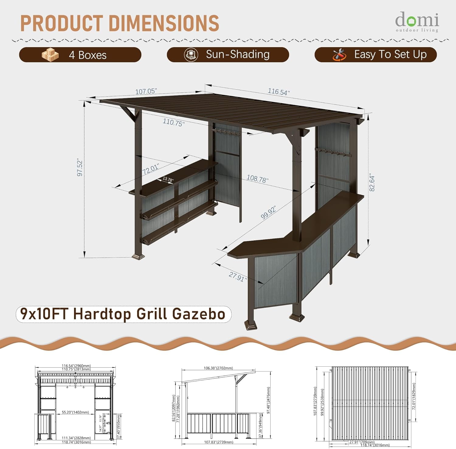 Domi 9x10 ft Hardtop Grill Gazebo, Metal BBQ Gazebo with Shelves and Side Platforms, Heavy-Duty Grill Canopy with Sloped Roof for Patio & Backyard, Brown
