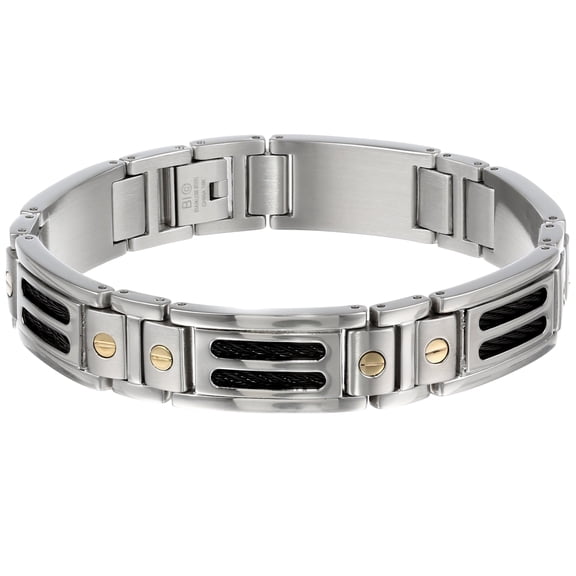 BIG Jewelry Co Men's Stainless Steel and 10K Gold Screw Detail Link Bracelet