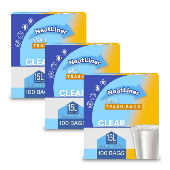NeatLiner™ 3-Pack (300 Count) 15L Clear Small Garbage Bags – Trash Bags for Bathroom and Office - Fits up to 12 Litres Kitchen Bins
