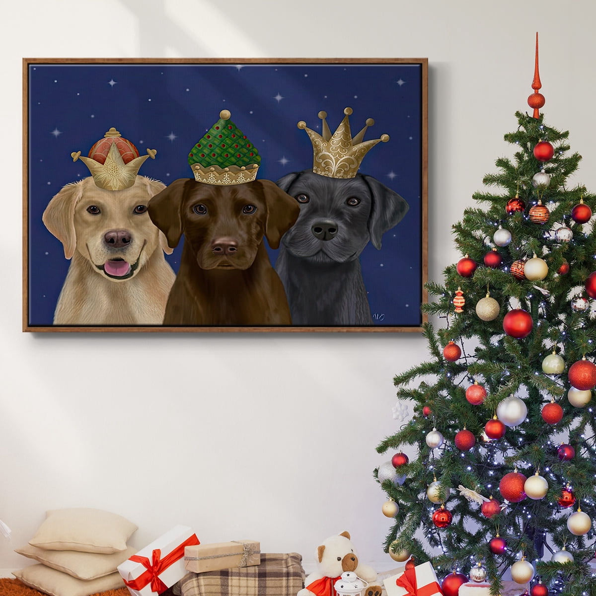 Christmas Labradors, Three Kings - Framed Gallery Wrapped Holiday Canvas - 25 x 37 - Rosewood Frame