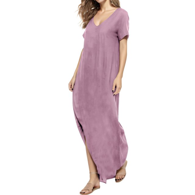 Vestido a juego con cuello en V, casual, holgado, manga corta, maxi con bolsillo