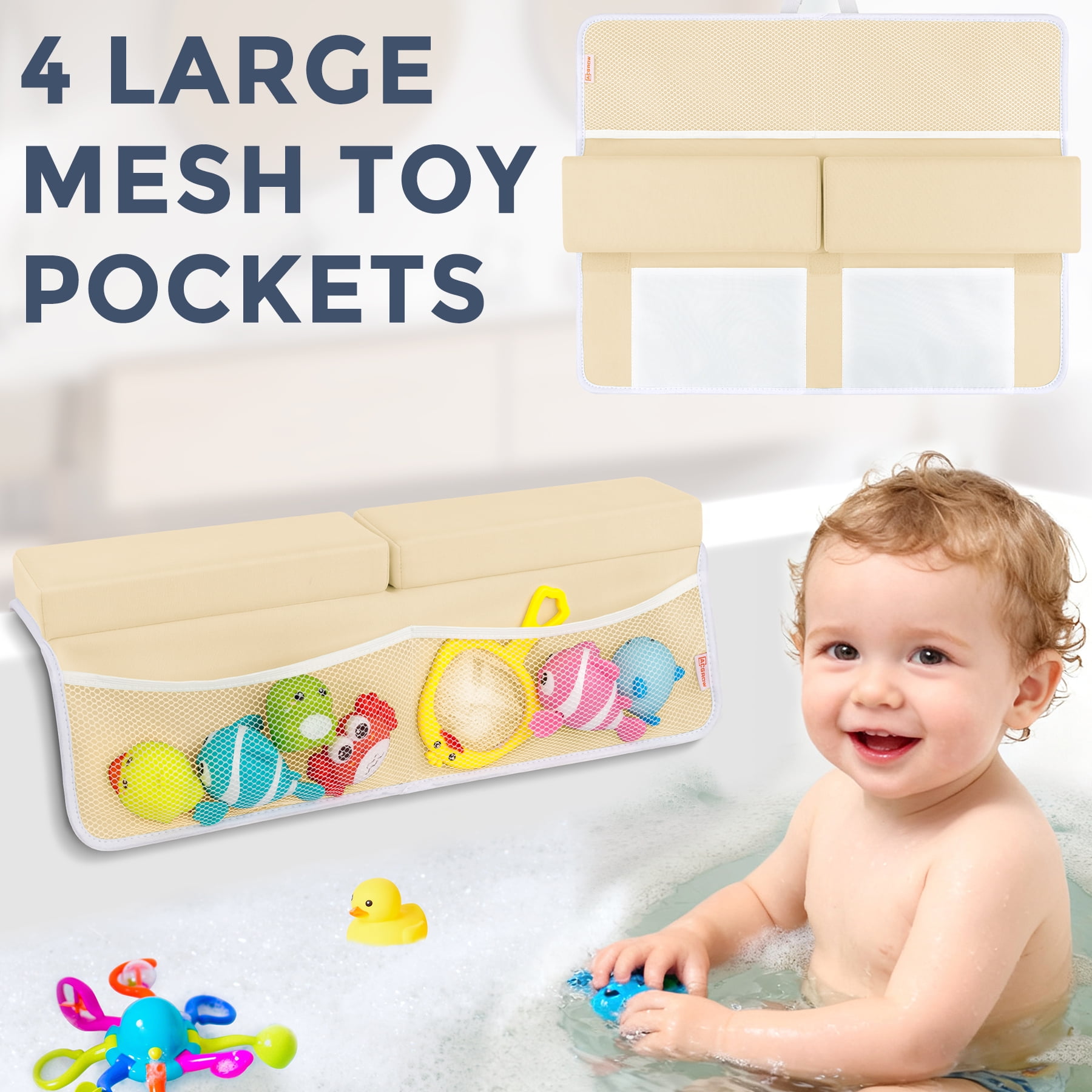 ACGROW Bath Kneeler and Elbow Rest Pad Set - 1.5" Thick Baby Bath Kneeler Pads with Toys Organizer, Anti-Slip Cozy Knee & Arm Support Bathtub Mat, Quick Dry Kneeling Pad for Baby Bath Time Yellow