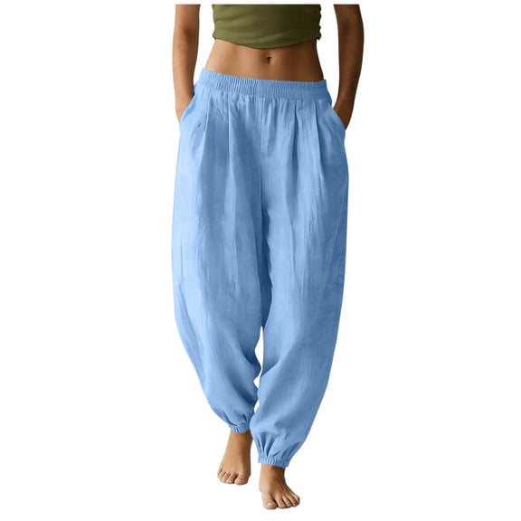 Linen Joggers for Women Tapered Jogging Pants Cuffed Ankles Elastic Waist Solid Color Casual Pants with Pockets Loose Comfy Clothes