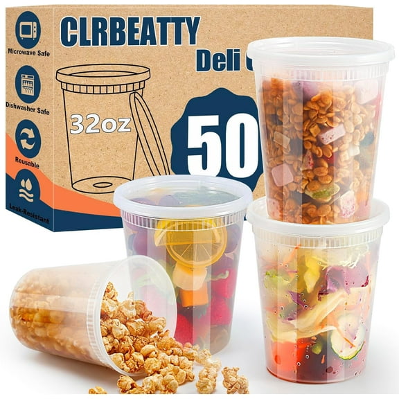 50 Pack Deli Containers with Lids,32oz Plastic Deli Food Storage Containers,Leak Proof Clear Soup Containers With Airtight Lids,Meal Prep Containers,Microwave Dishwasher Freezer Safe