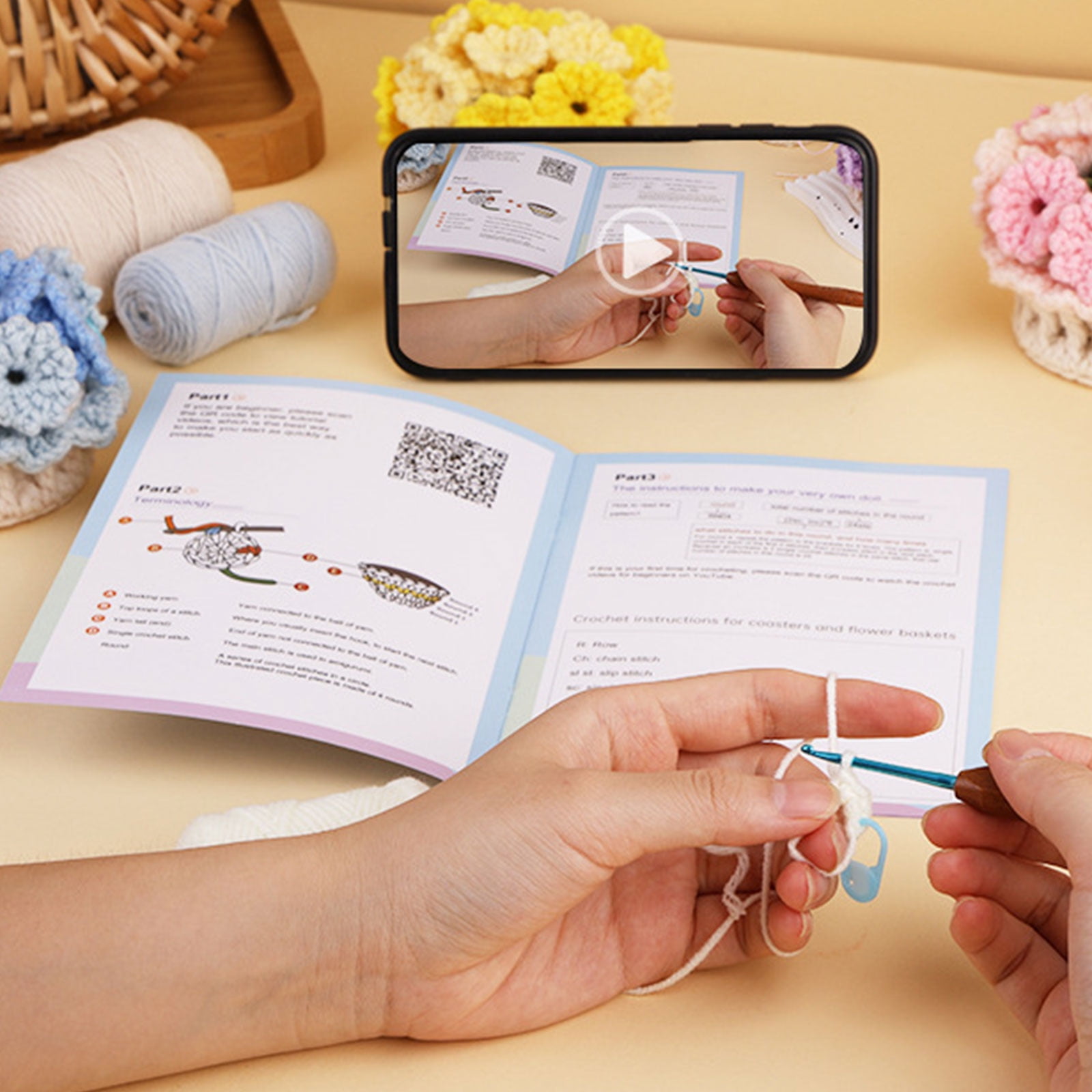 Crochet Starter with Yarn, Crochet Hook, Needle, Knitting Marker, Instruction and Crochet Accessories