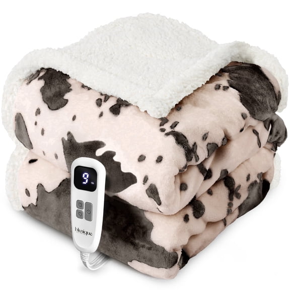 Blunique Electric Throw Blanket, Cozy Heated Blanket Flannel & Sherpa, 10 Heat Levels, 4 Time Settings, 10H Auto-off, Cow Print Pink 50"x60"