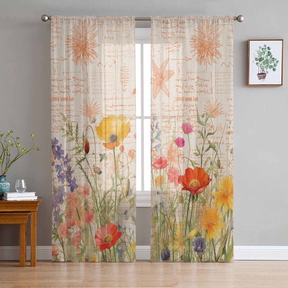 Colorful Spring Floral Semi Sheer Curtains 84 Inch Length 2 Panels Set, Vintage Summer Botanical Sheer Kitchen Curtain Privacy Voile Window Curtain for Living Room Bedroom Rod Pocket Drapes