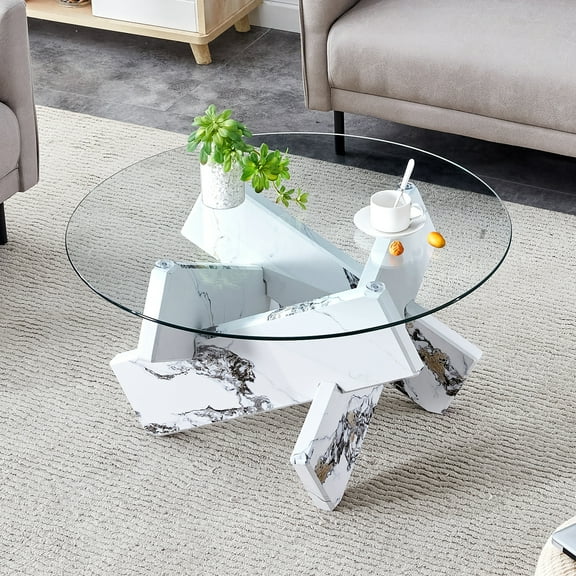 NYEESS 33.4 inch Round Tempered Glass Coffee Table with White MDF Legs, Modern Living Room Table