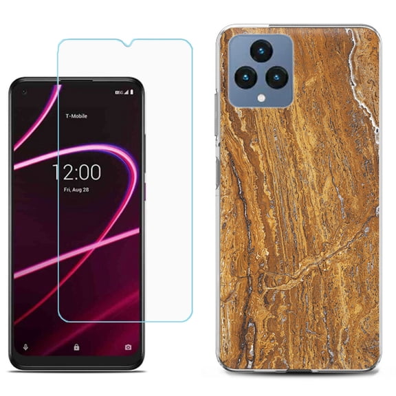 Slim-Fit Gel TPU Fashion Phone Case for T-Mobile Revvl 6 5G, with Tempered Glass Screen Protector, by OneToughShield ® - Marble / Earth