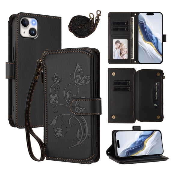 Phone Case for iPhone 14 Plus Wallet Cell Cover with Wrist & Shoulder Strap, Embossed Flower Flip Zipper Card Holder Slots Stand PU Leather Wallet Case for Women Girls Men Women, Black