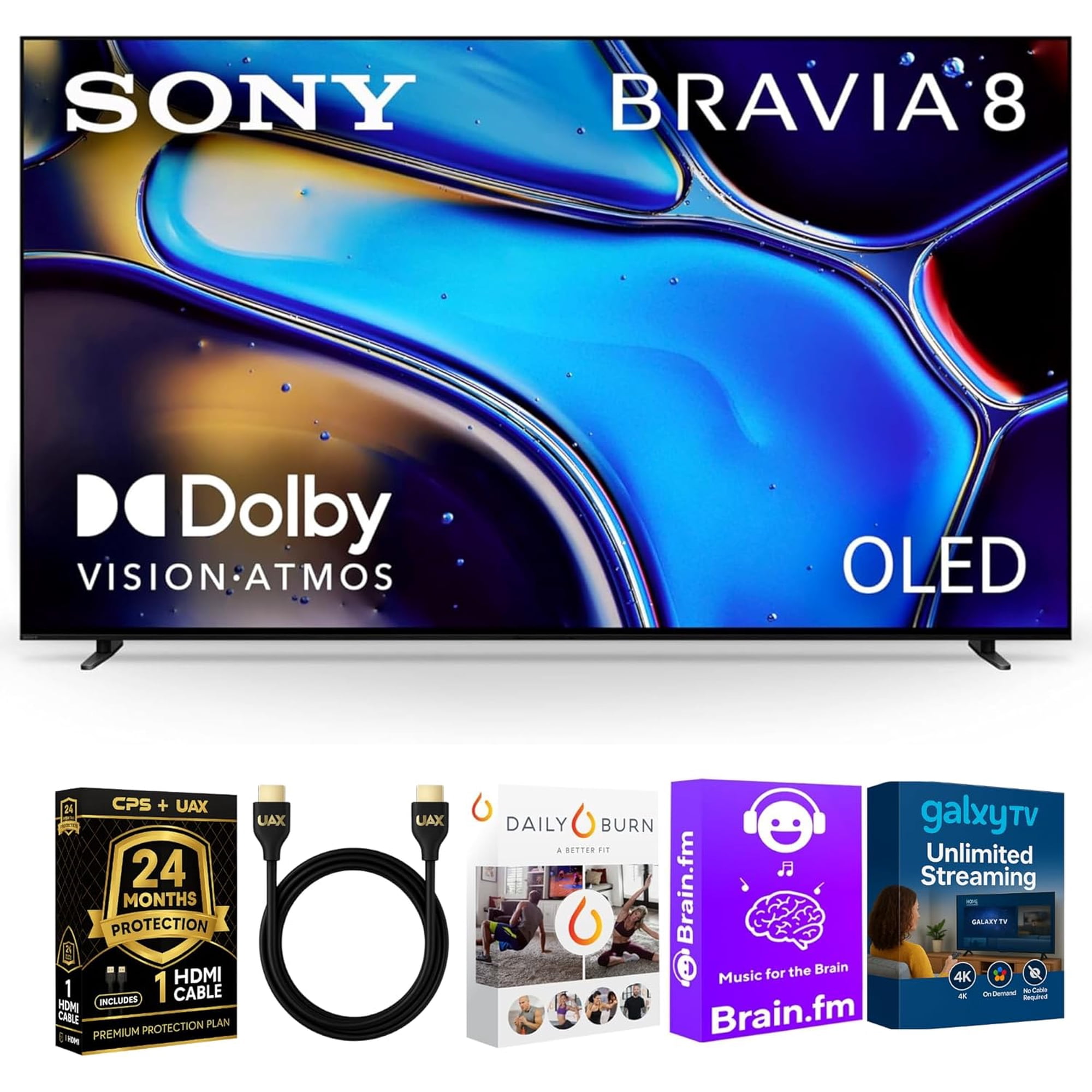 Sony 77-Inch BRAVIA 8 OLED 4K HDR Google TV Bundle – XR OLED Contrast, Dolby Vision, 120Hz, Acoustic Surface Audio+, HDMI 2.1 w/ 24-Month CPS Protection Plan, UAX HDMI Cable, Streaming Bundle