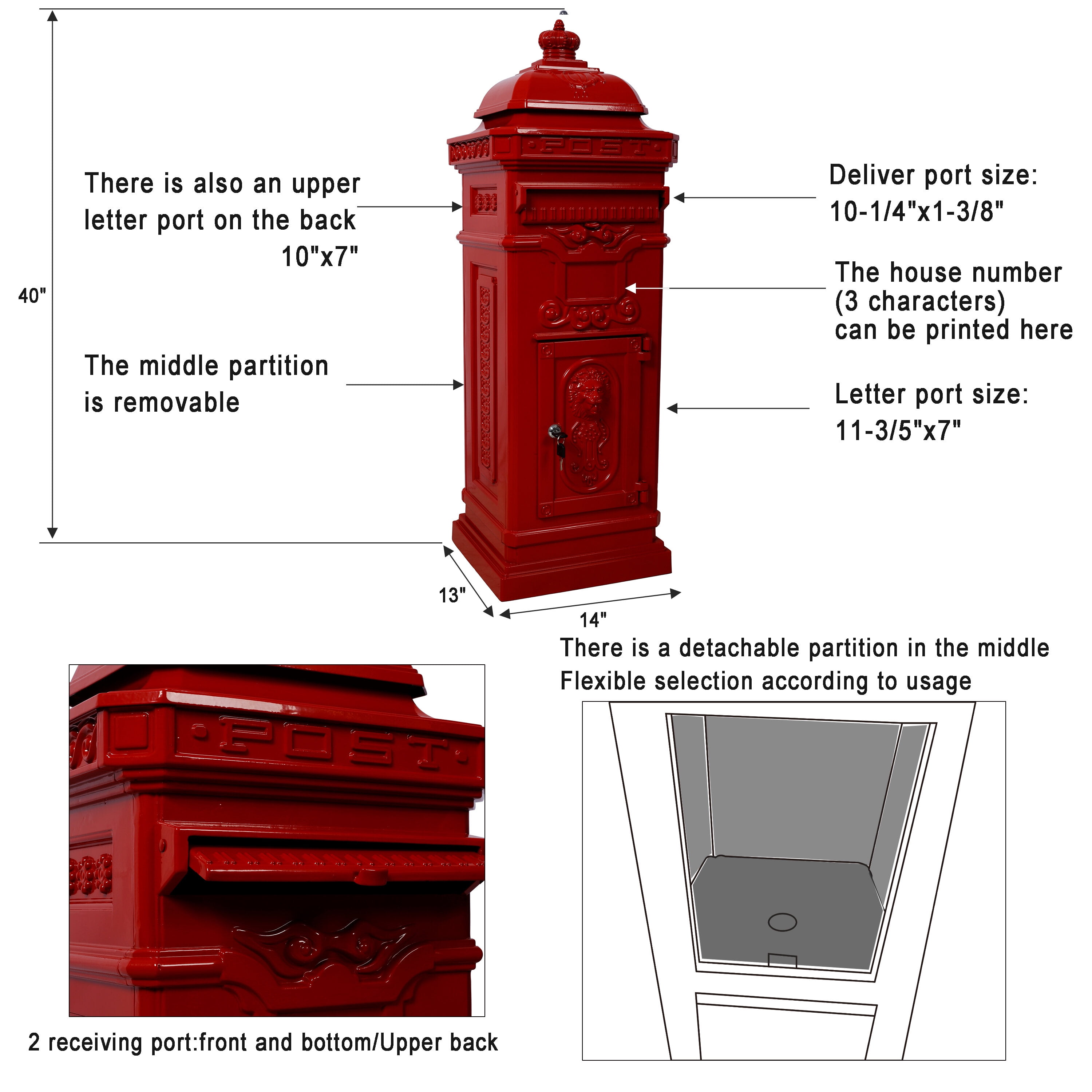 Mailboxs Mailboxes Residential The Court Large-Capacity Letter Box, Garden Floor Safety Mailbox, Outdoor Rainproof Postbox Statue ,red,