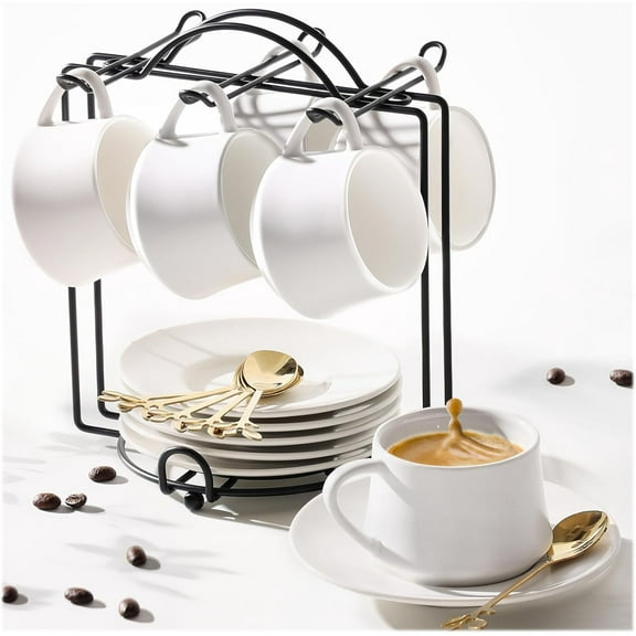 3-Ounce Porcelain Espresso Cups Set of 6, Stackable Coffee Cups with Saucers, Spoons and Metal Stand, Ceramic Demitasse Mugs, Espresso Accessories for Machine, White
