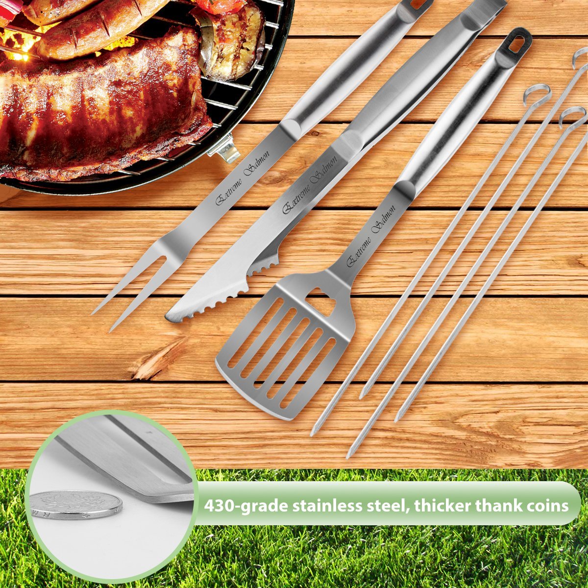 Grill Accessories, BBQ Tool Sets 7 PCS Grill Set Stainless Steel Grilling Utensils Heavy Duty Grill Tool Sets for Barbecue,Spatula,Tongs,Fork and 4 Skewers, Best Outdoor Grill Kit for Dad or Husband - image 3 of 7