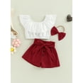 thumbnail image 2 of Qiylii 3 Pieces Kids Girls Clothes Set, Solid Color Boat Neck Flounced Tops+ Shorts with Waist Belt+ Headband, 1-4 Years, 2 of 8