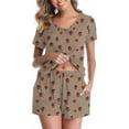 thumbnail image 5 of QATAINLAV Women's Fall Outfits Fashion Printed Short Sleeve Tees and Shorts Two Piece Sets Casual V Neck Pajamas Lounge Set, Khaki, M, 5 of 9