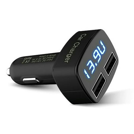 Cigarette Lighter Usb Ac 4-in-1 Dual USB Car Charger Adapter, 3.1A Cigarette Lighter Voltage Volt Meter Monitor, Over Current Protection and Blue LED Display Voltage Amps & Temperature (Degrees Celsius) ()