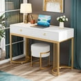 thumbnail image 3 of Tribesigns 47 inch Modern Simple Computer Desk with 2 Drawers for Office Home, White Large Desktop Golden Heavy Duty Frame, Study Table Writing Desks Makeup Vanity Console Corner Tables, White Gold, 3 of 7