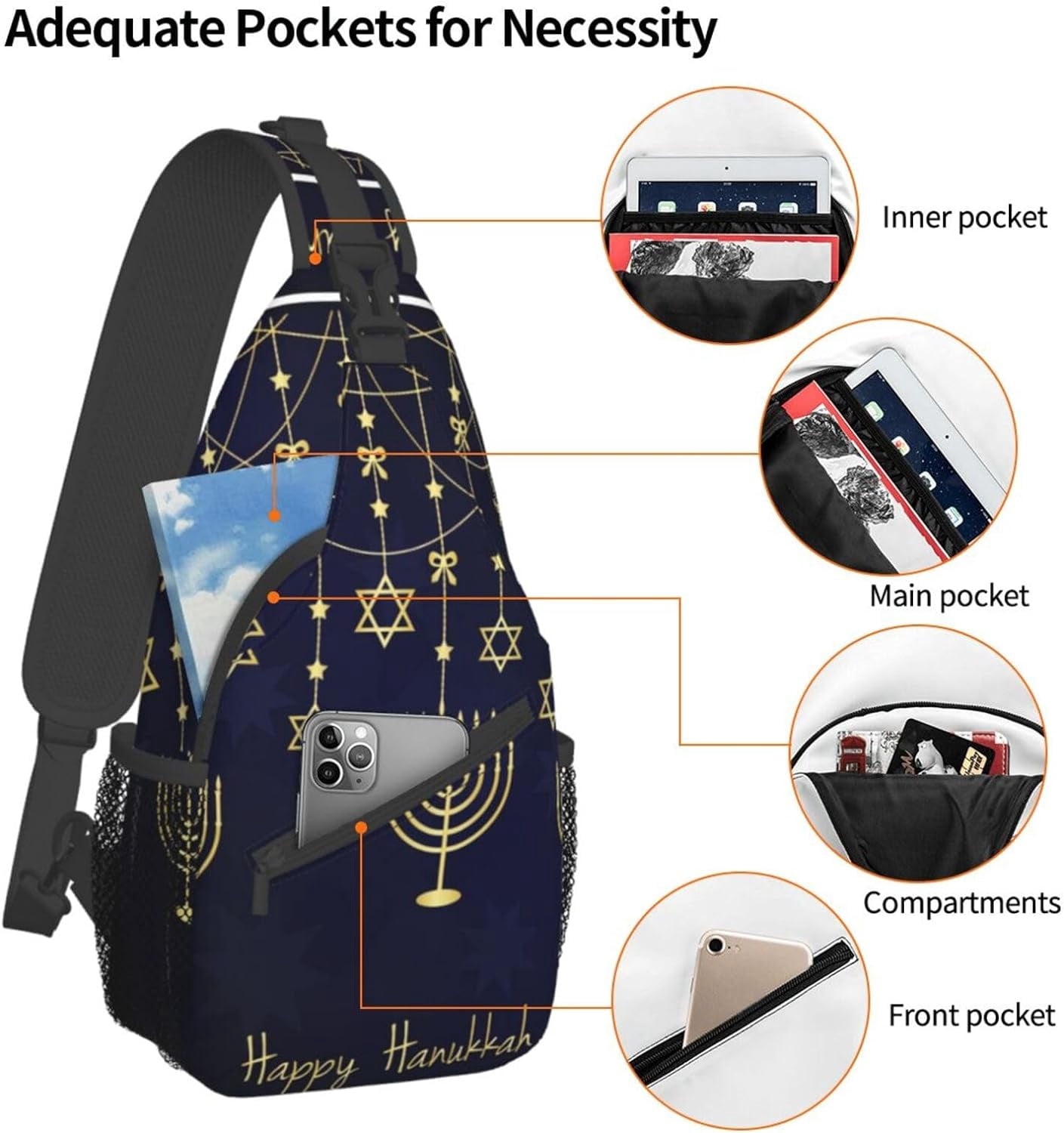 Happy Hanukkah Jewish Chanukah Holiday Sling Bag Crossbody Hiking Travel Chest Bags Backpack Shoulder Daypack for Women Men
