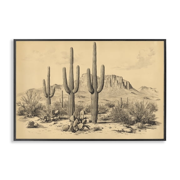 Stupell Industries Southwestern Cactus Desert Vintage Landscape Black Framed Giclee Art, 18 x 12, by Petals Prints Design