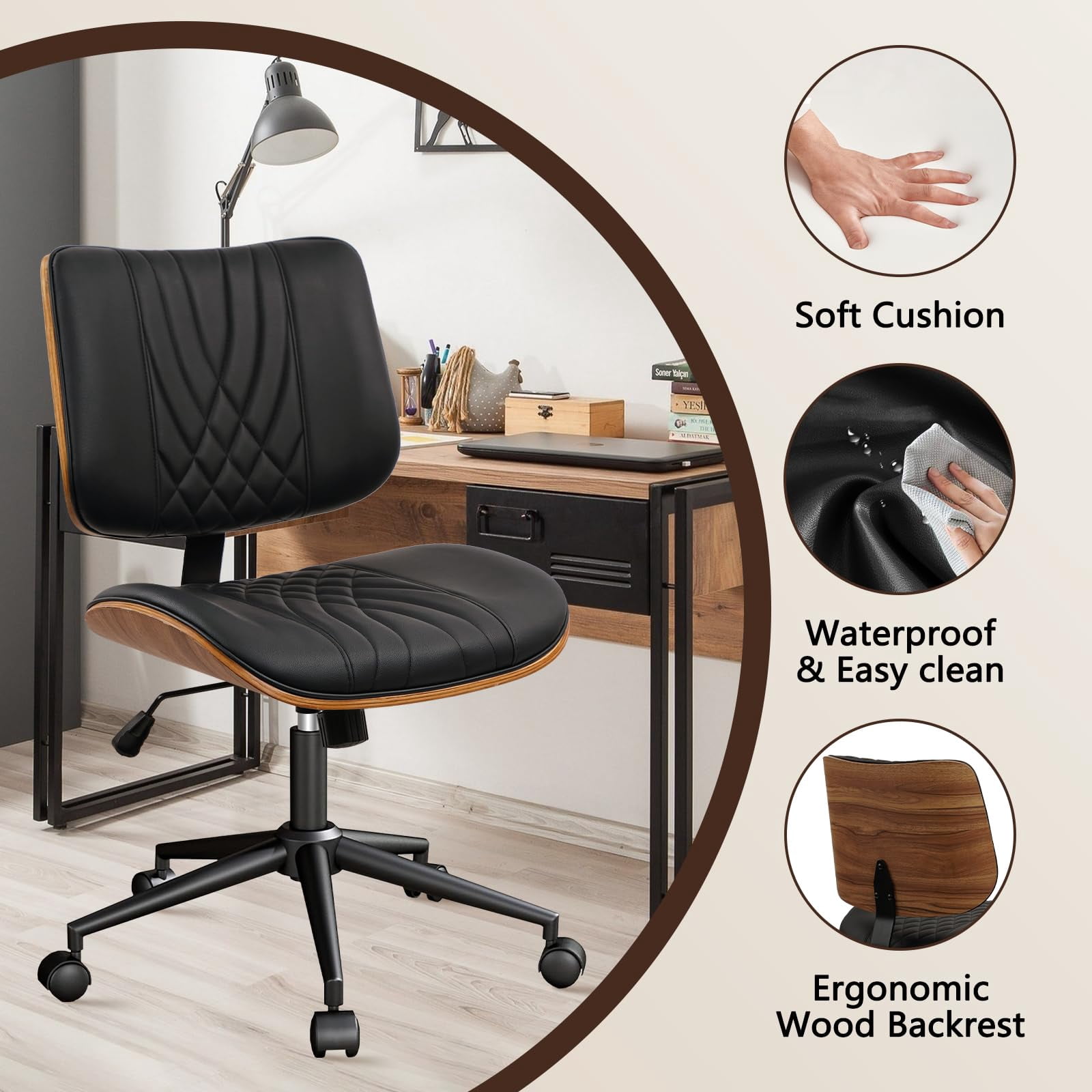 CLATINA Armless Home Office Chair, Desk Chair with Wheels, Adjustable Height Reading Chair, Leather Mid Back & Swivel Computer Chair, Modern Walnut Chairs with Back for Studio Meeting Room(Black)