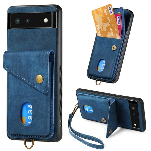 Nalacover for Google Pixel 6, Slim Case Wallet with Credit Card Holder, Back Flip Premium Leather Magnetic Clasp Kickstand Wirst Hand Strap Shockproof Cover for Google Pixel 6, Blue