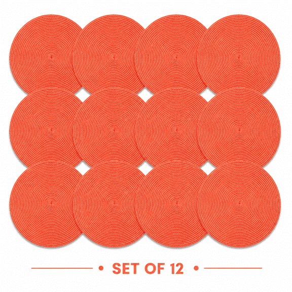 Shyamali Woven Placemats Set of 12, 16 " Round Braided Placemats for Dining Table, Heat-Resistant & Washable, Melon