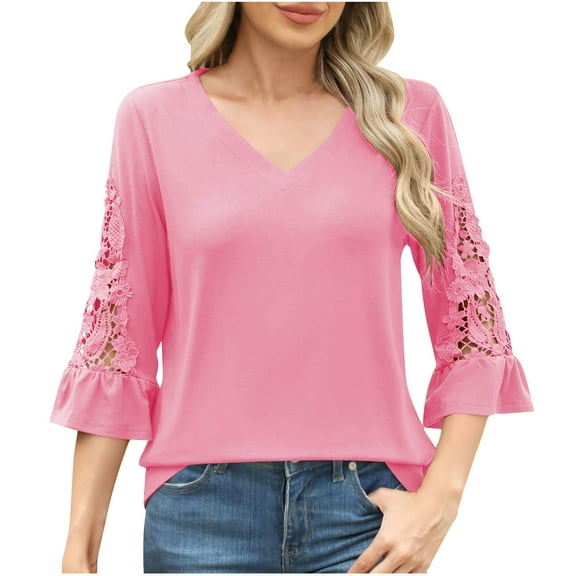 ABATAB 3/4 Length Sleeve Womens Tops Summer Lace Ruffles Sleeve T Shirts V-Neck Solid Colour Dressy Casual Trendy Tunic Blouses