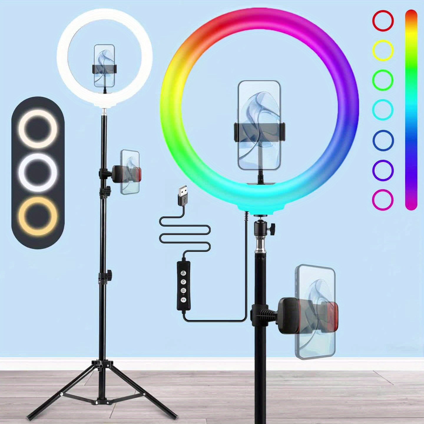 12" Adjustable Ring Light with 63" Tripod, Dimmable RGB LED, USB Powered, Phone Stand & Gimbal Clamp for Live Streaming, Makeup, Selfie
