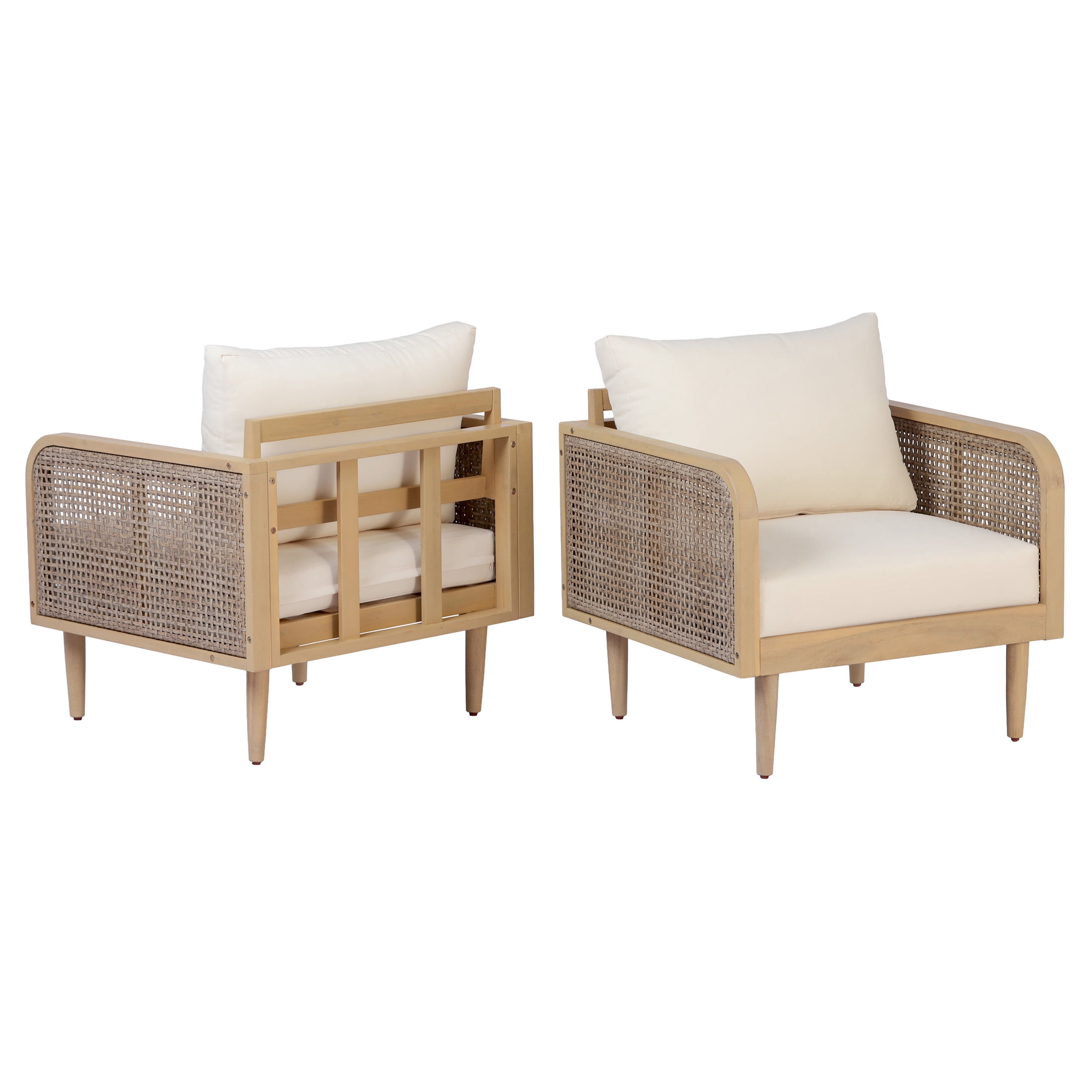 Christopher Knight Home Wood Outdoor Club Chair with Woven Rattan Armrests and Cushions, Teak+Cream, Set of 2