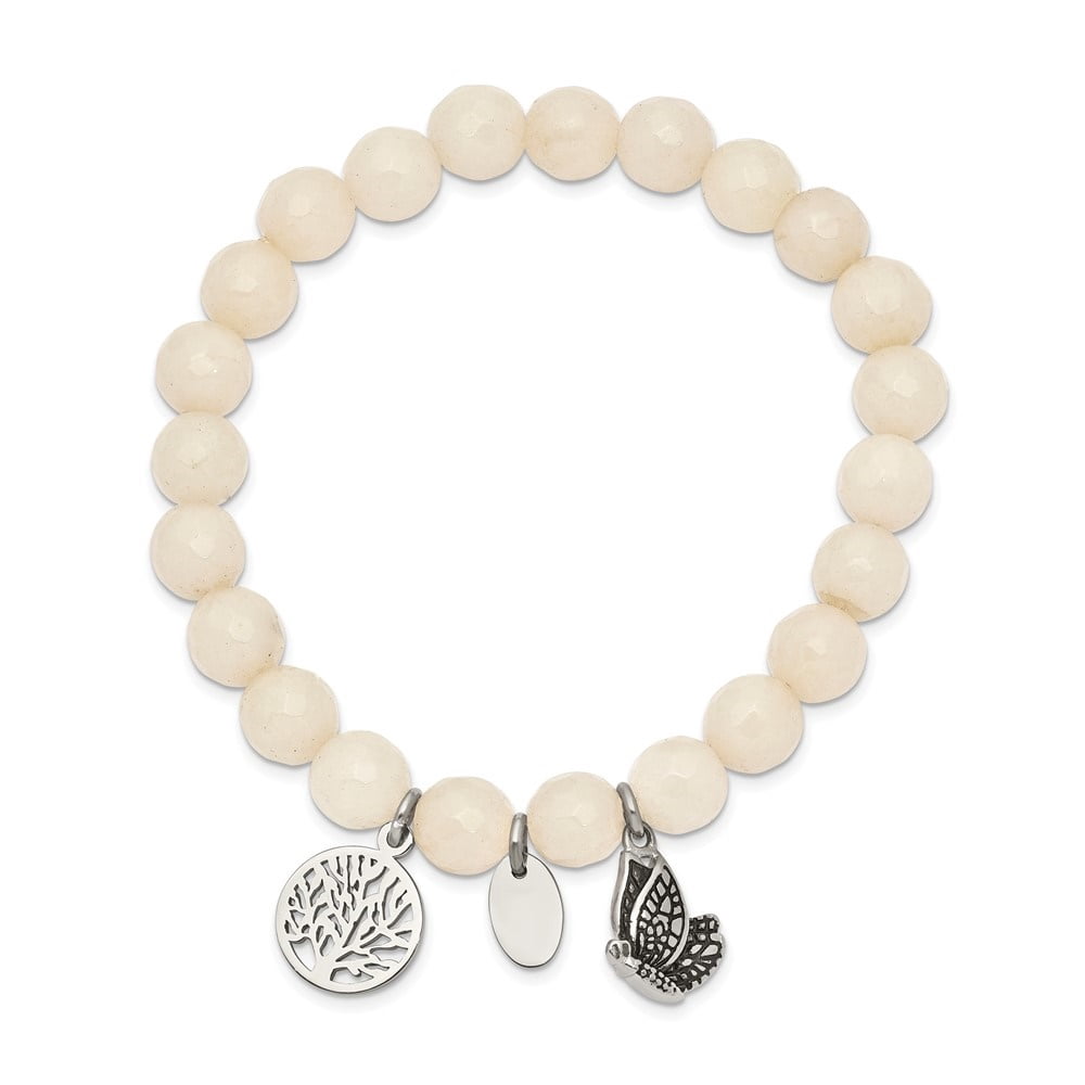 Diamond2Deal Stainless Steel Butterfly and Tree of Life 8mm White Jade Beaded Stretch Bracelet for Women 6.25"