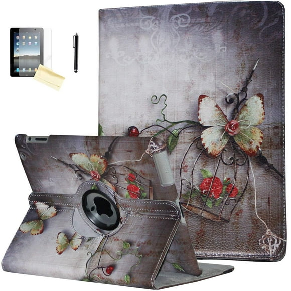 JYtrend Case for Old iPad 2(2011)/iPad 3(2012)/ iPad 4(2012), Rotating Stand Smart Case Cover Magnetic Auto Wake Up/Sleep for A1395 A1396 A1397 A1403 A1416 A1430 A1458 A1459 A1460(Butterfly-Flower)