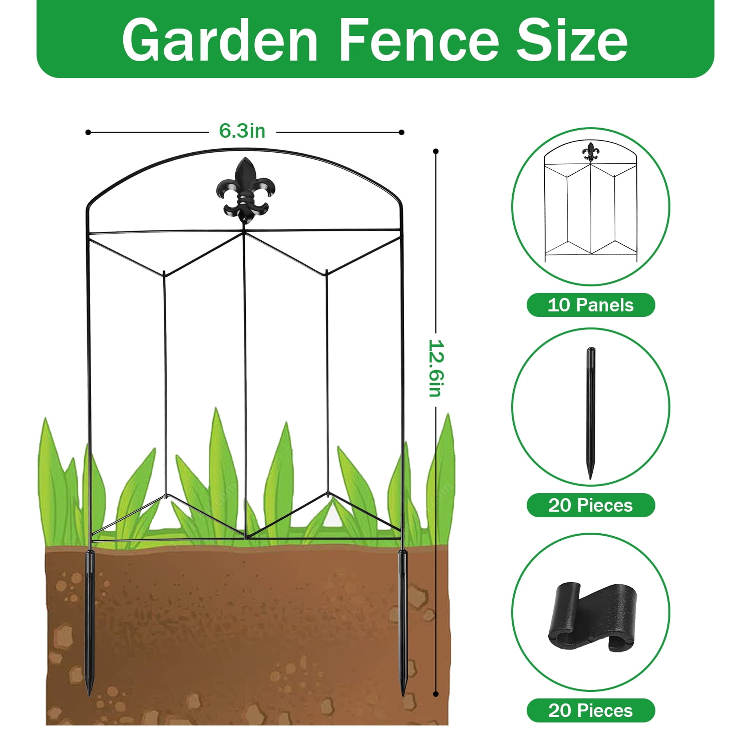 Decorative Garden Fence 10 Pack, 24in H x 12.5in L Arched No Dig Metal Fence Panels, Rustproof Outdoor Animal Barrier for Dogs, Rabbits, Flower Beds, Yard, Patio Decor & Lawn Border Protection